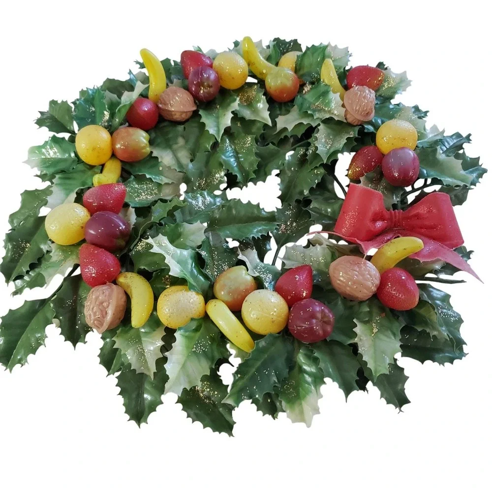 Christmas Wreath Vintage Plastic Fruit Nut Berries Holly Glitter Mid Century MCM